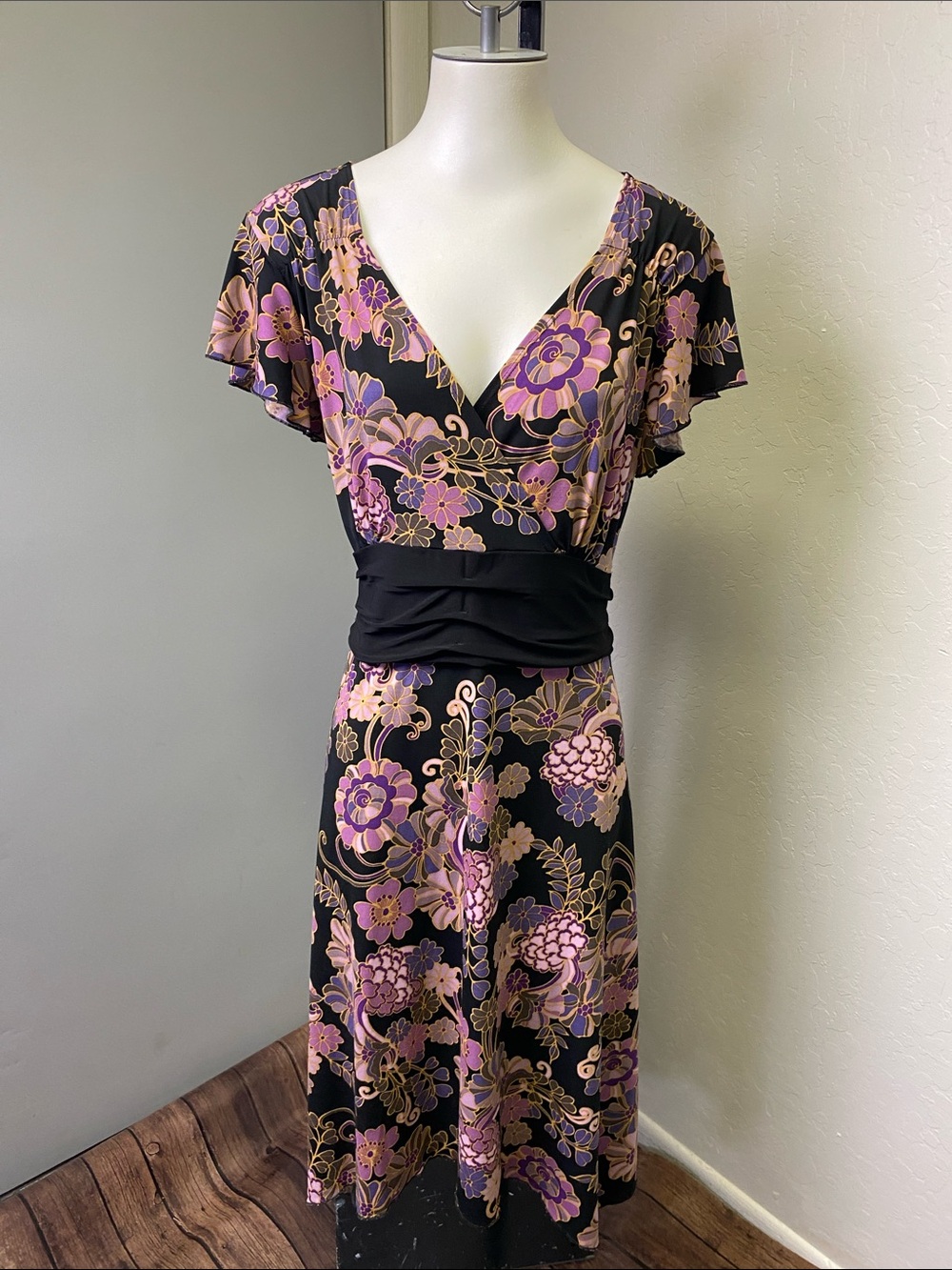 Susan Lawrence Black Midi Wrap Dress with Purple and Pink Floral Print